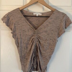 V-neck light weight brown tan blouse Woman's‎ Size M Cinched Top